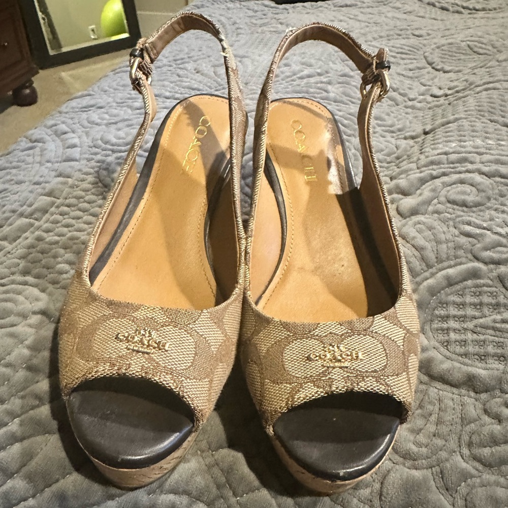 Coach Tan Peep-Toe Wedges
